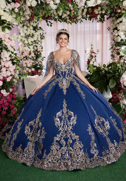 Vestido de quinceañera metálico con bordado de lentejuelas y capa