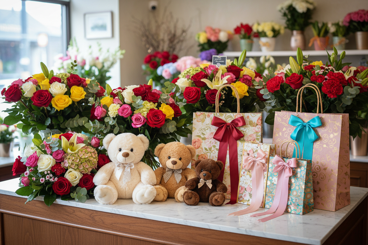 Bouquets flowers, osos y bolsas de regalo
